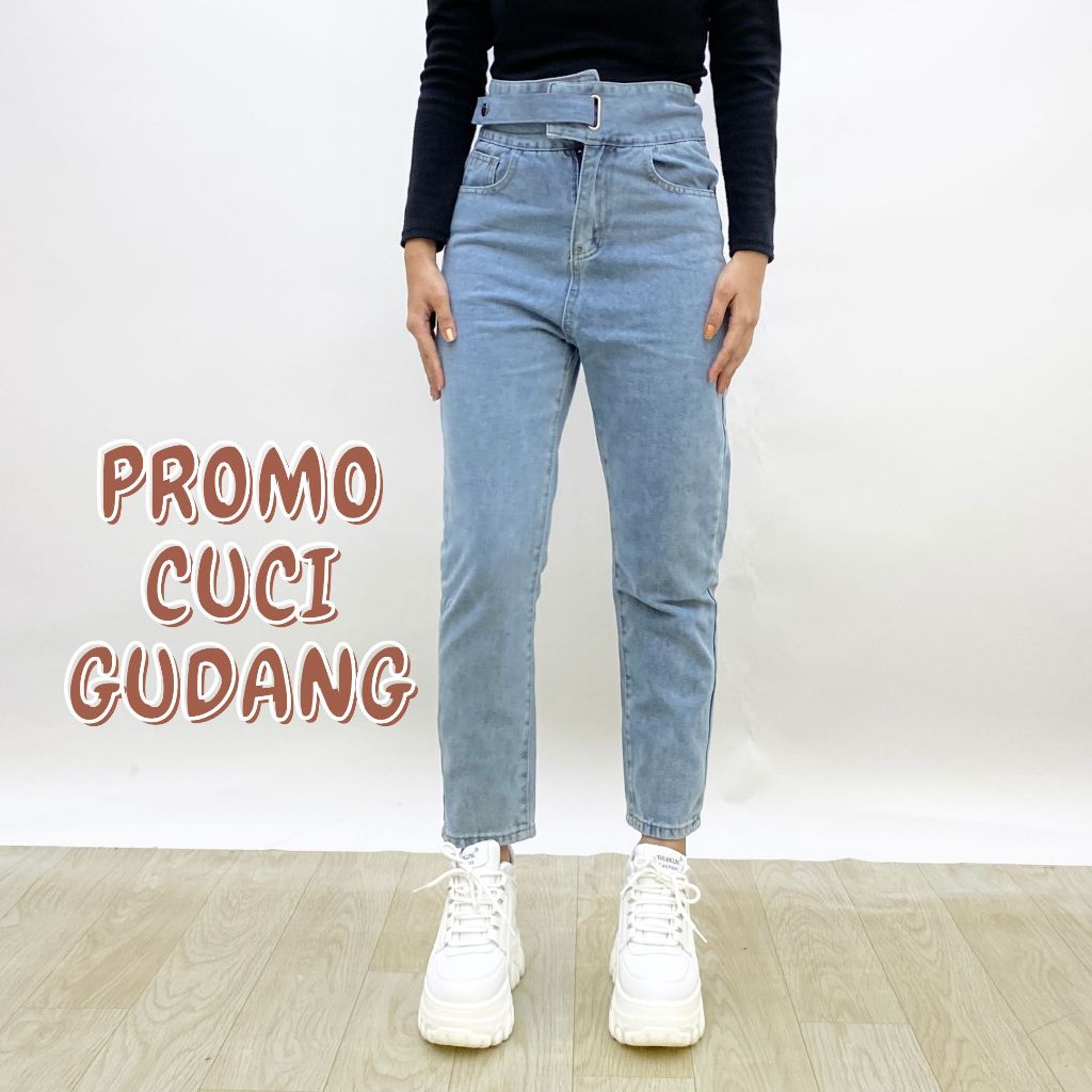 C15 Jeans Wanita Celana jeans high waist model boyfriend bahan denim non-stretch warna biru tersedia