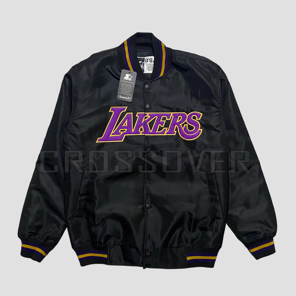 JAKET BOMBER VARSITY BASEBALL BISBOLL - LAKERS HITAM TEXT UNGU BORDIR JAKET PRIA WANITA ORIGINAL