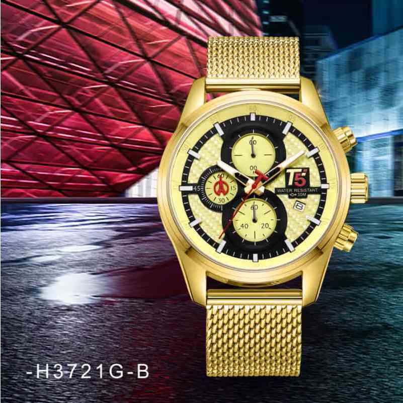 [COD] Jam Tangan Analog Pria Sporty Chronograph Water Resistant T5 H 3721 Original
