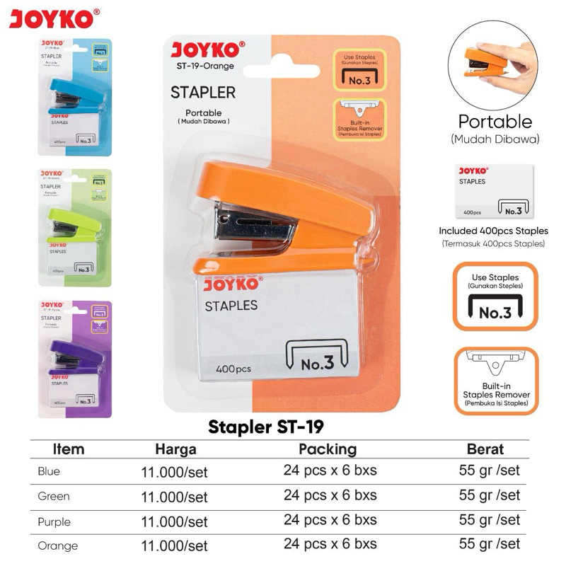 

JOYKO Staples ST-19 isi 24/6 portable / Stapler ST19 Steples untuk isi ukuran Besar no.3 - 1 Pcs