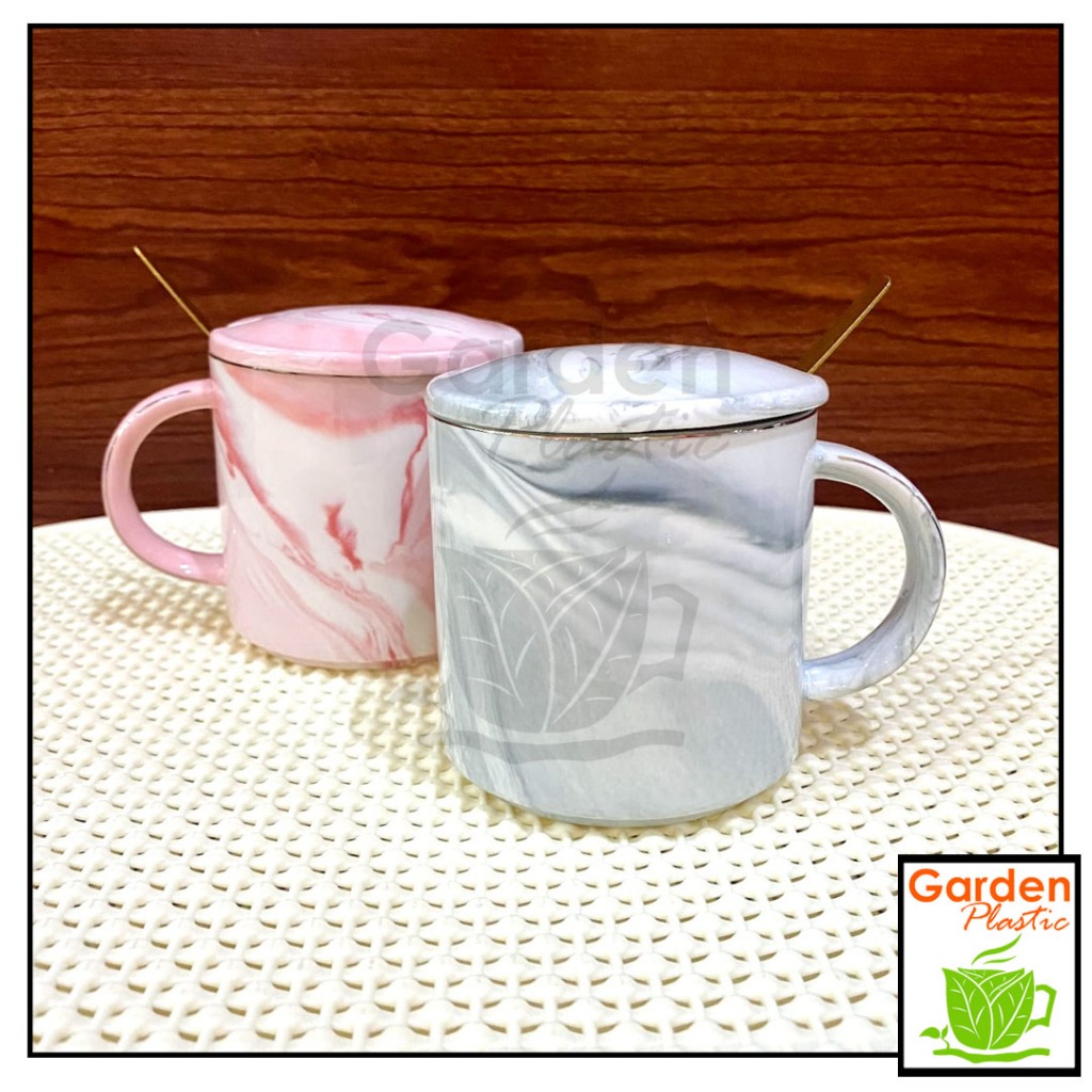 MUG CANGKIR + TUTUP + SENDOK 300ML MARBLE KERAMIK ROYAL ALFRED