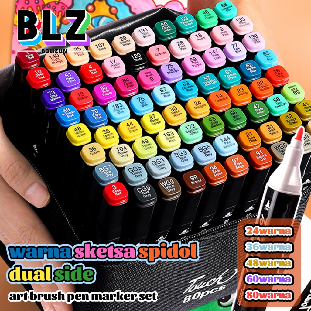 

BOLIZUN 2 in 1 Spidol dan Stabilo Touch Isi 24/36/48/60/80 Warna Dual Side Fine Art Brush Pen Sketsa