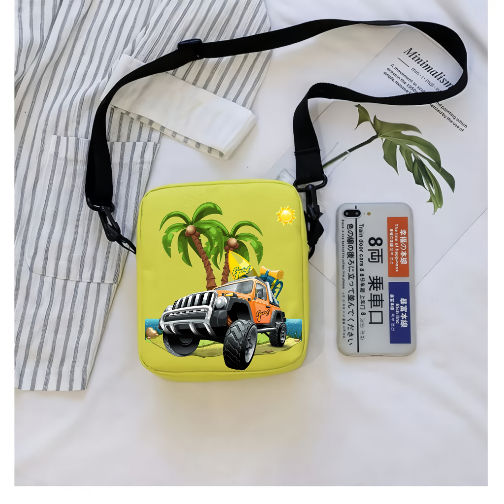 Tas Selempang Anak Laki Laki dan Perempuan Ngaji Muat Buku & Botol Minum Motif Surf Cars