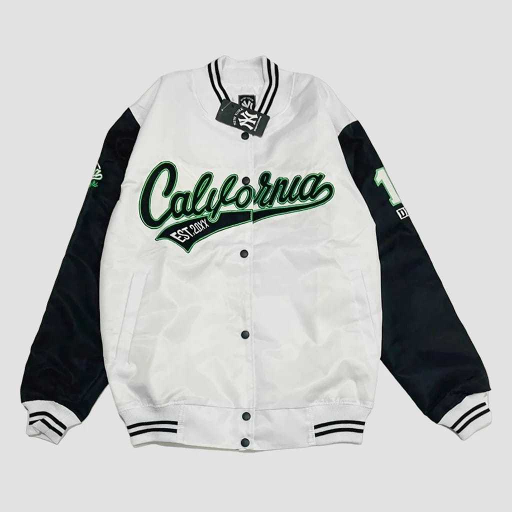 Varsity Jaket Original - California Bulls Putih Comby Green Fulltag + Labe Origginal