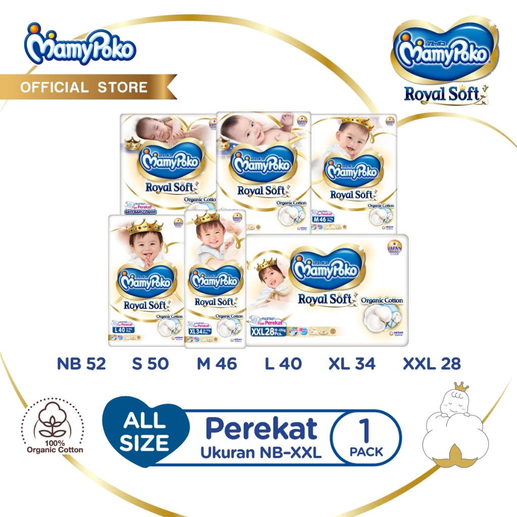 MamyPoko Royal Soft Organic Cotton - NB/ M28/M34/M64/L28/L52/XL24/XL46/XXL20/XXL38/S70/S38/XXXL24