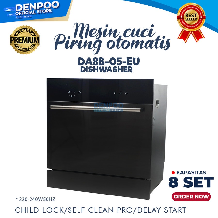 Mesin Cuci Piring Denpoo DA8B-05-EU Hitam 8 Tempat Pengaturan Built-in Penuh