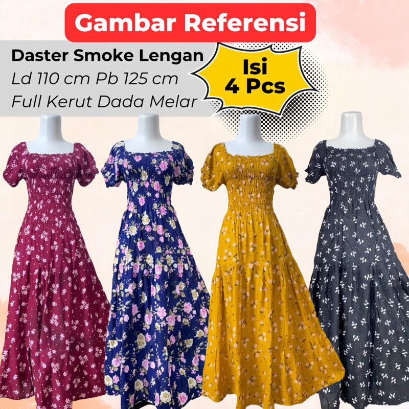 Paket Hemat Isi 4 Daster Smoke Lengan Full Kerut Dada Busui Ld 110 Panjang Semata Kaki