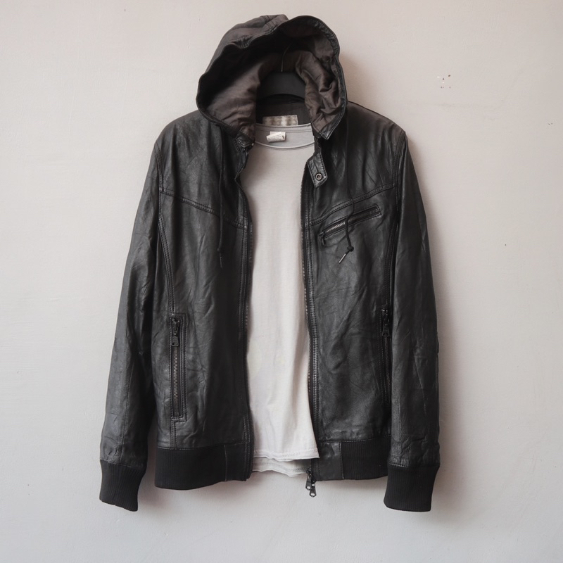 Jaket kulit asli hudi hoodie Pl bekas preloved second leather jacket