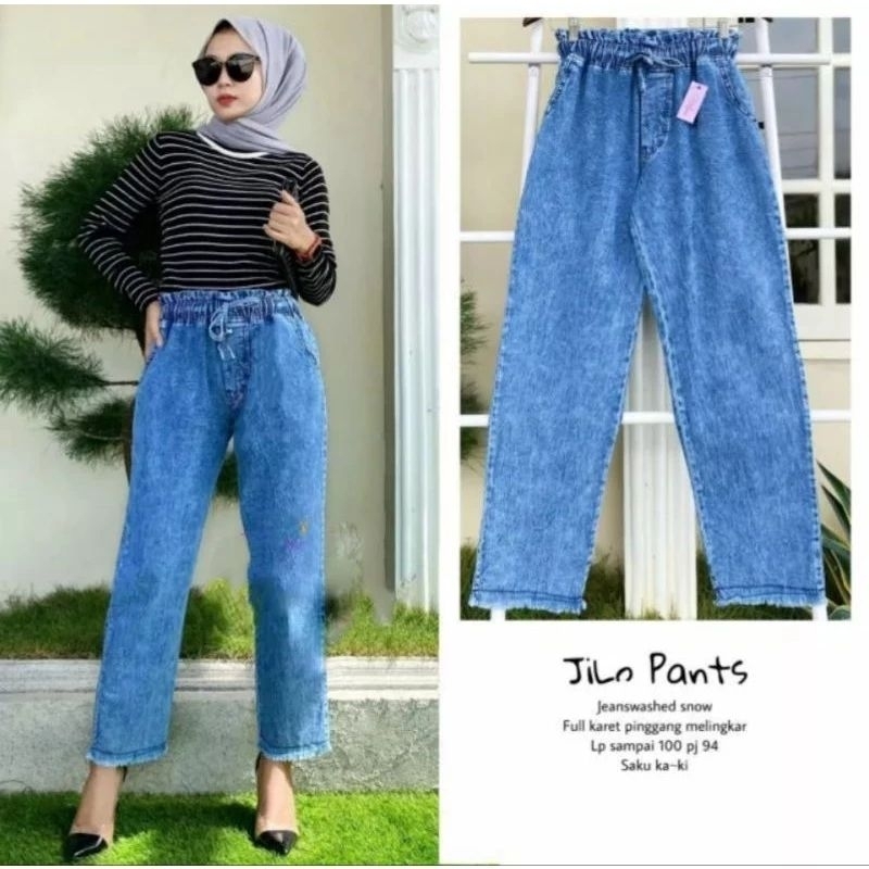 Baggy Jeans / Celana Wanita Rawis Bawah Pinggang Full karet