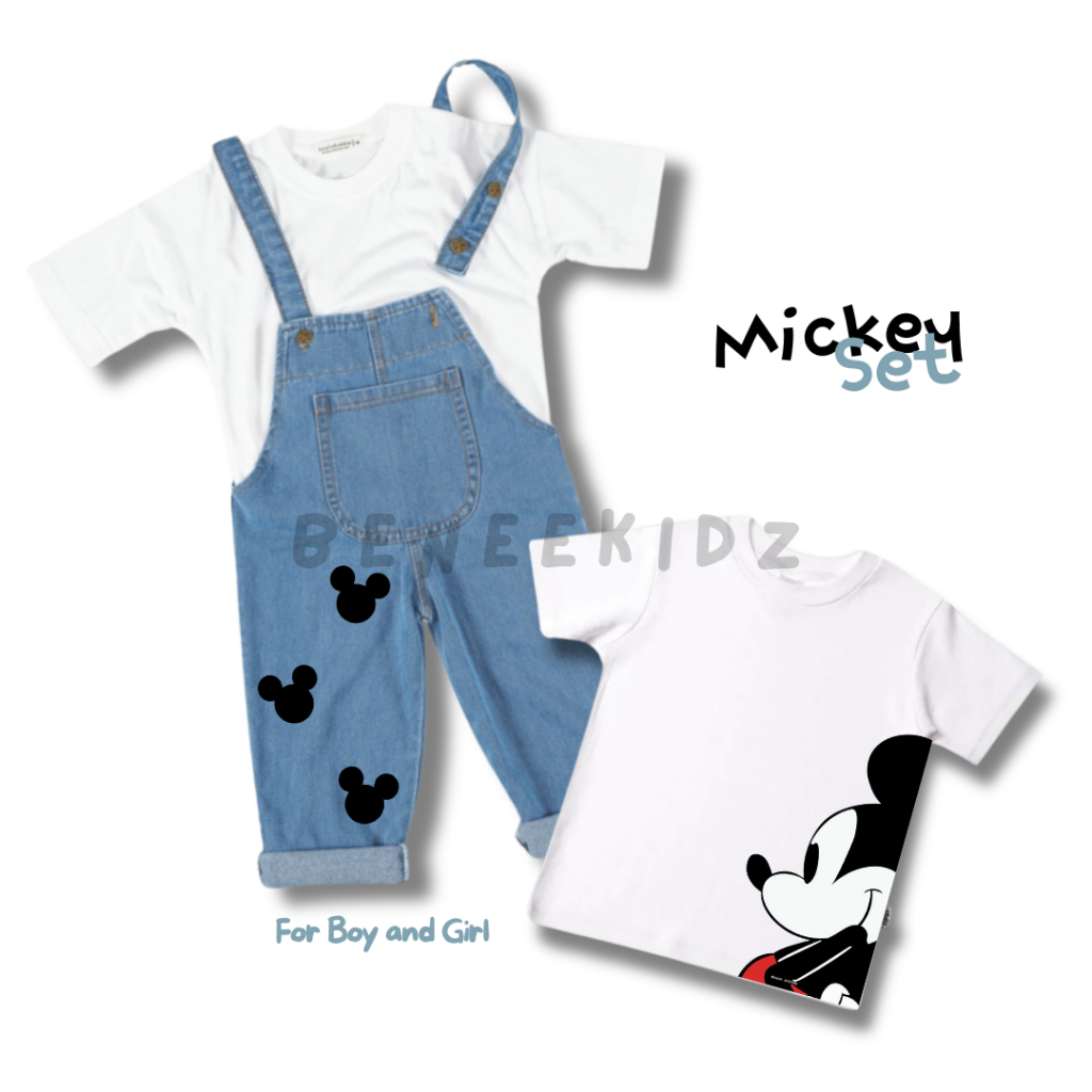 OneSet Stelan Overall Long Jeans dan Kaos Mickey Mouse Anak 1-6thn