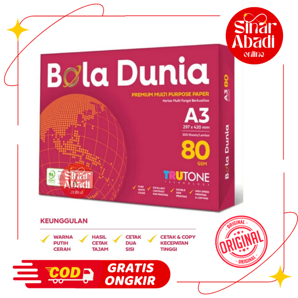 

KERTAS HVS PRINT BOLA DUNIA A3 80 GSM / KERTAS FOTOKOPI MURAH
