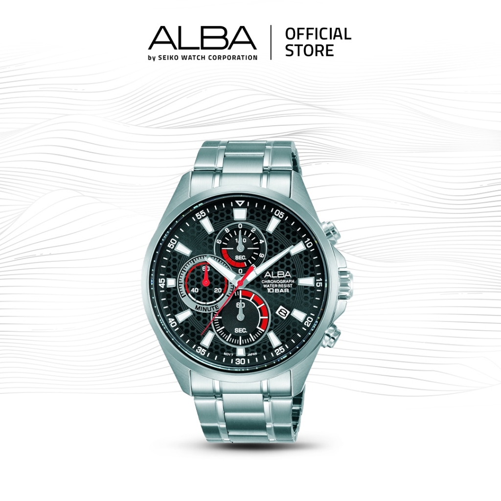 Alba Active Jam Tangan Pria Chronograph AM3875 / AM3875X1 Quartz Black Red Dial Stainless Steel Stra