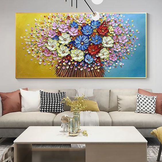 lukisan bunga tekstur timbul minimalis modern, pajangan dinding ruangan tamu, kamar, kantor, hotel.