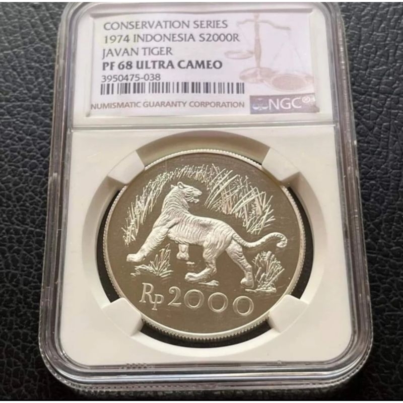 NGC PF 68 ULTRA CAMEO 1974 2000 rupiah Javan Tiger koin silver perak