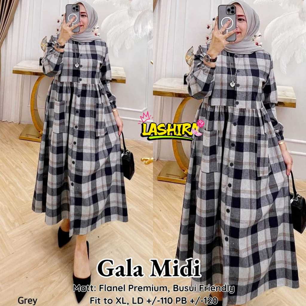 gala midi dress flanel import ld 110 pakaian baju longdress long dres gamis motif kotak siize xxl pe
