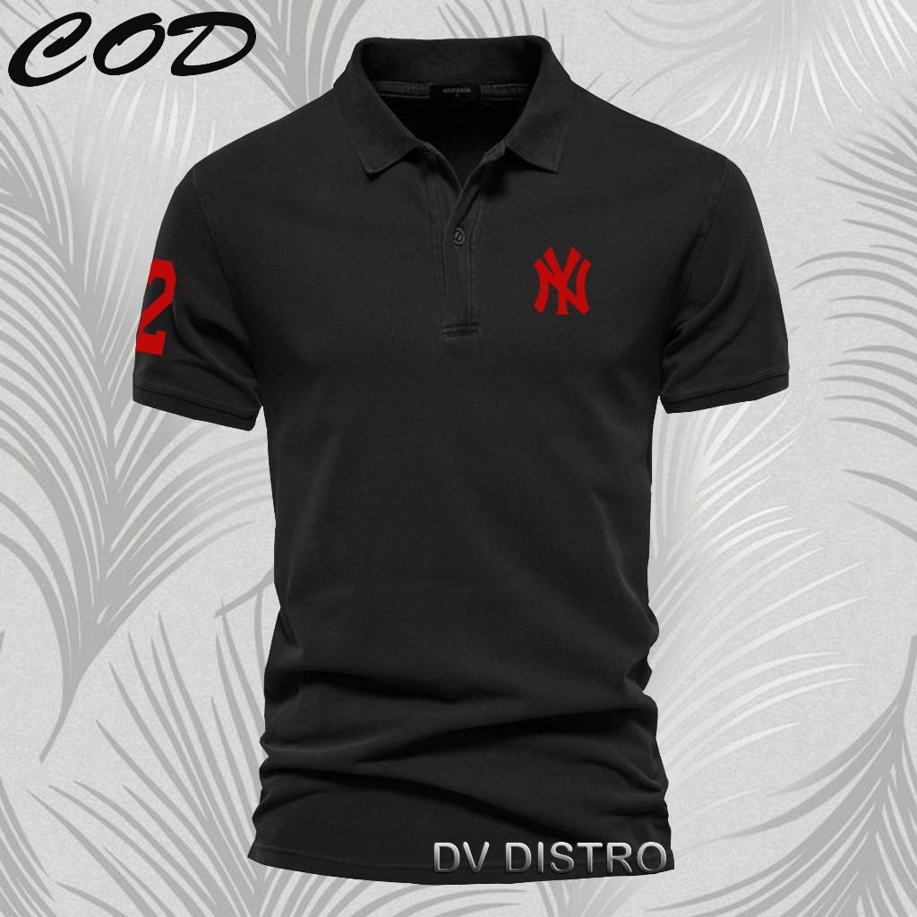 COD T-shrit POLO kerah NY 2 Text Merah Kaos Kerah Dewasa Shirt / Kaos Wangki Pria Polo / Kaos Seraga