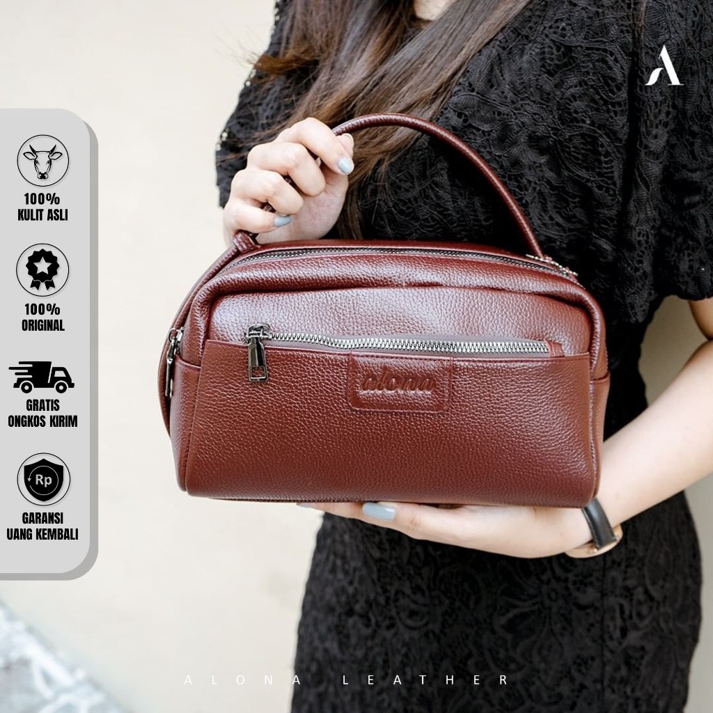 Tas Kulit Mini Pouch Make Up Kosmetik MakeUp Wanita Bahan 100% Kulit Asli Premium Original Branded F