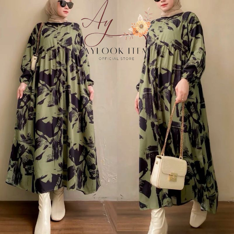 MIDI DRESS WANITA RAYON  / GAMIS RAYON ADEM BUMIL BUSUI FRIENDLY JUMBO-Abstrak Army