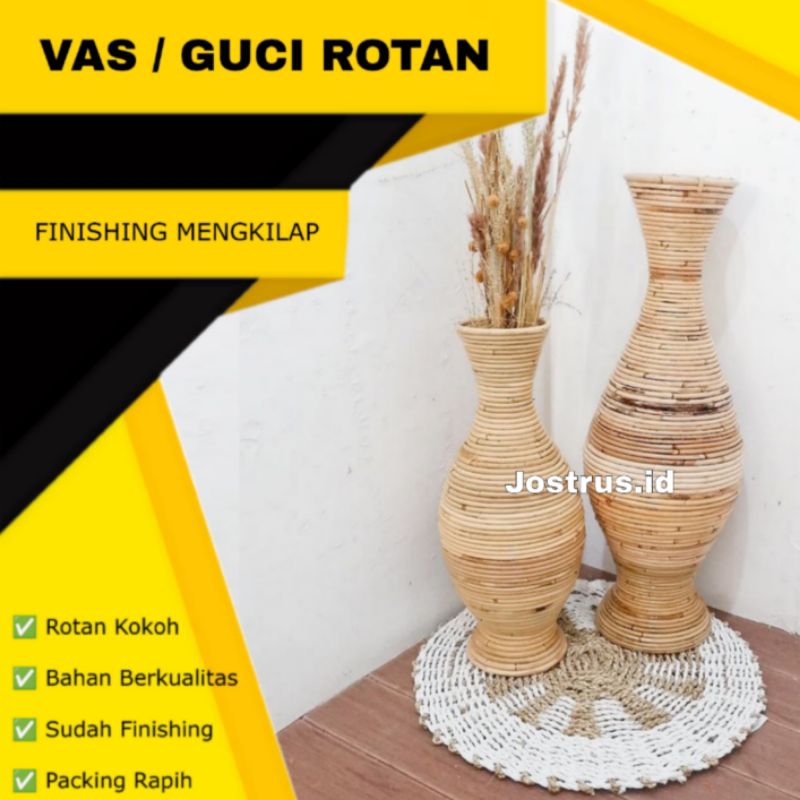 Vas Rotan Natural Finishing Mengkilap / Guci Dekorasi Studio Foto Aesthetic / Pot Ratan Hiasan SuduT