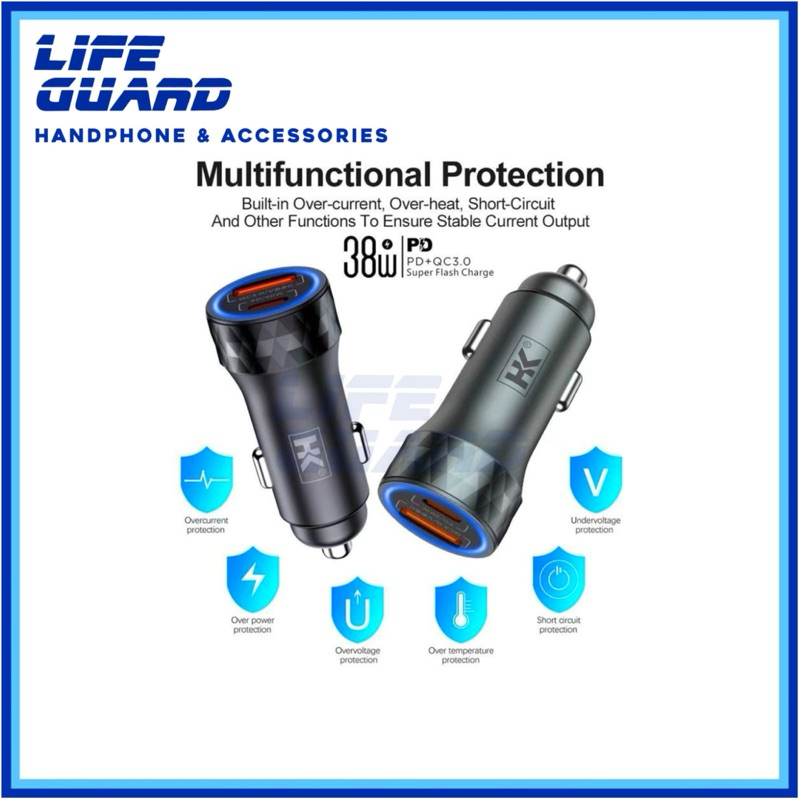 CAR CHARGER MOBIL HK K10 FAST CHARGING VOOC USB & TYPE C 38W PD + QC 3.0 SAVER MOBIL CHARGER ORIGINA