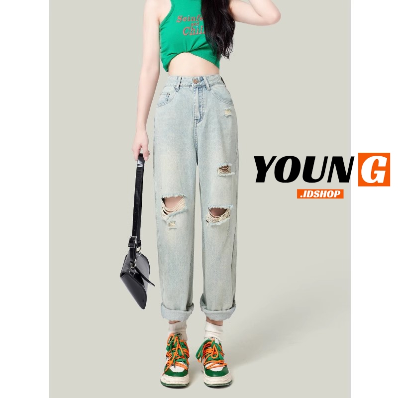Celana Baggy  jeans wanita  Ripped Jeans High waist jeans  Celana robek jeans Korean style boyfriend