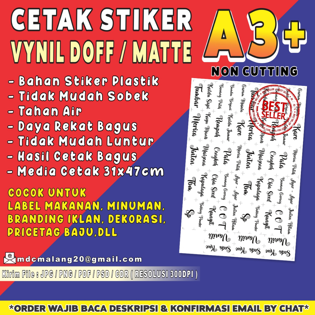 

CETAK STIKER A3+ VINYL MATTE / DOFF LABEL KEMASAN NON CUTTING