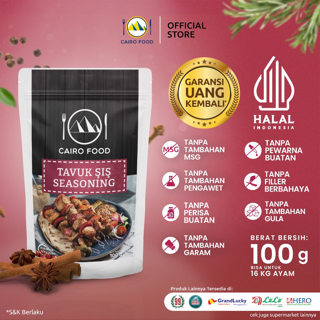 

Bumbu Tavuk Şiş Sehat – Tanpa MSG, 100% Rempah Murni | Cairo Food - 100 gram
