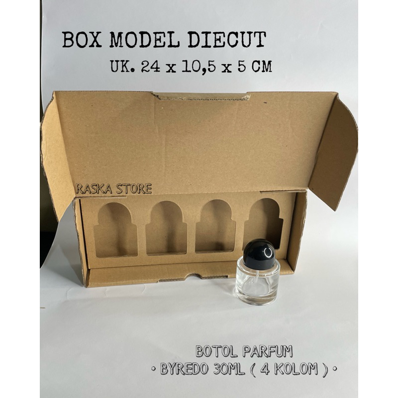 

kardus karton uk. 24 x 10,5 x 5 cm model diecut parfum BYREDO 30 ml ( isi 4 kolom