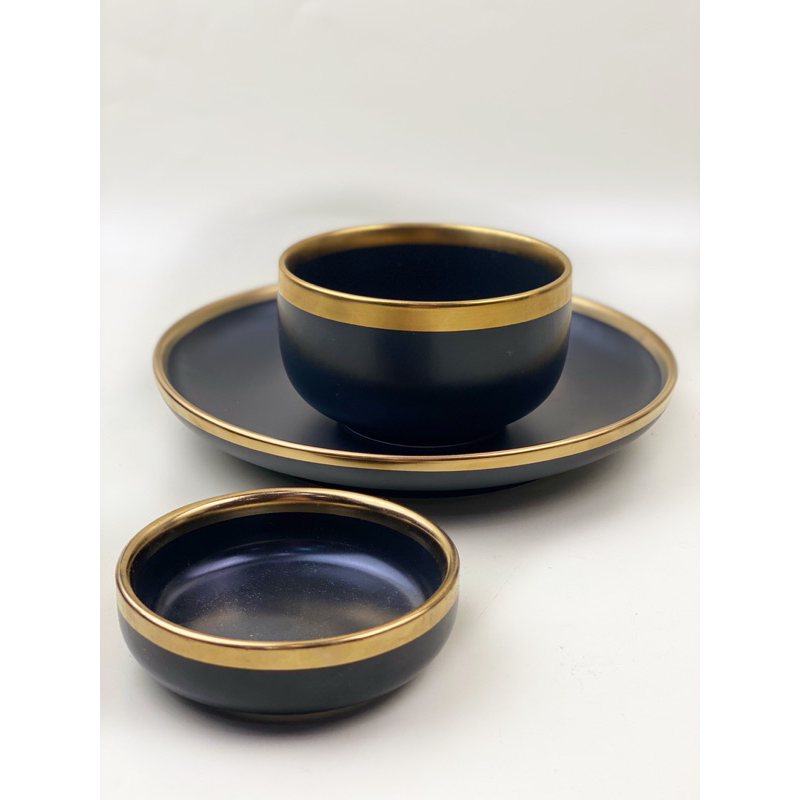 ASHOME Piring Set 1 Orang Piring Makan Set Keramik Black Gold Isi 3 Pcs / Piring Set Keramik List Em