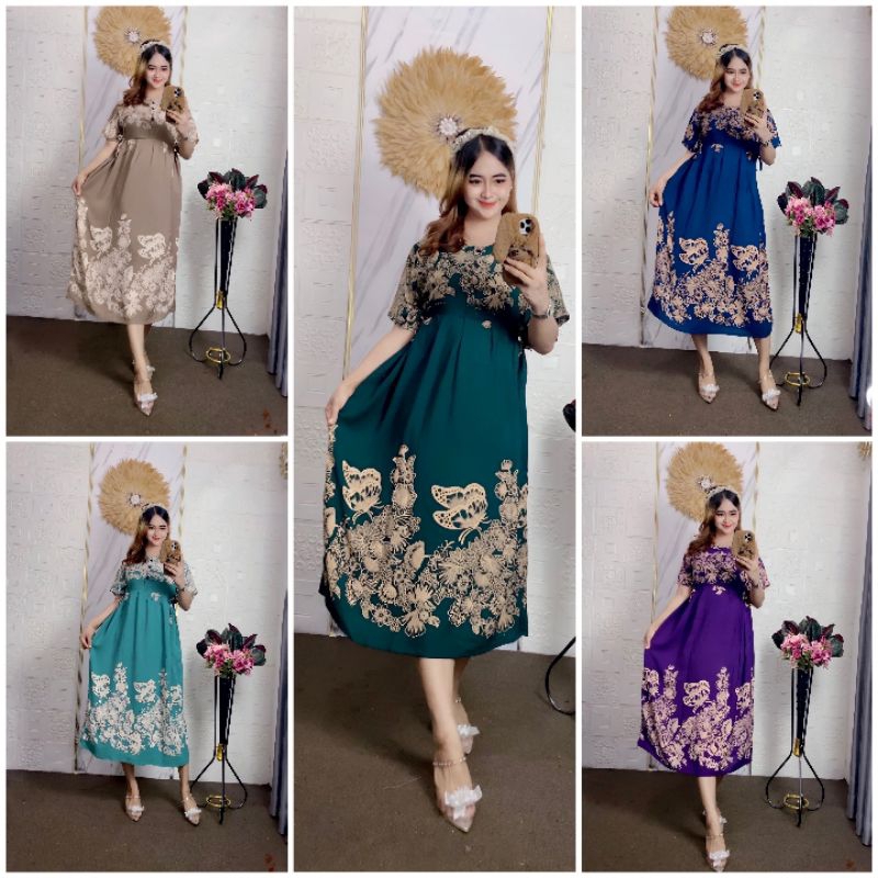 Daster Chibi Terbaru Lengan Pendek Motif kupu- kupu Tali Samping Kanan Kiri Busui Kancing Depan