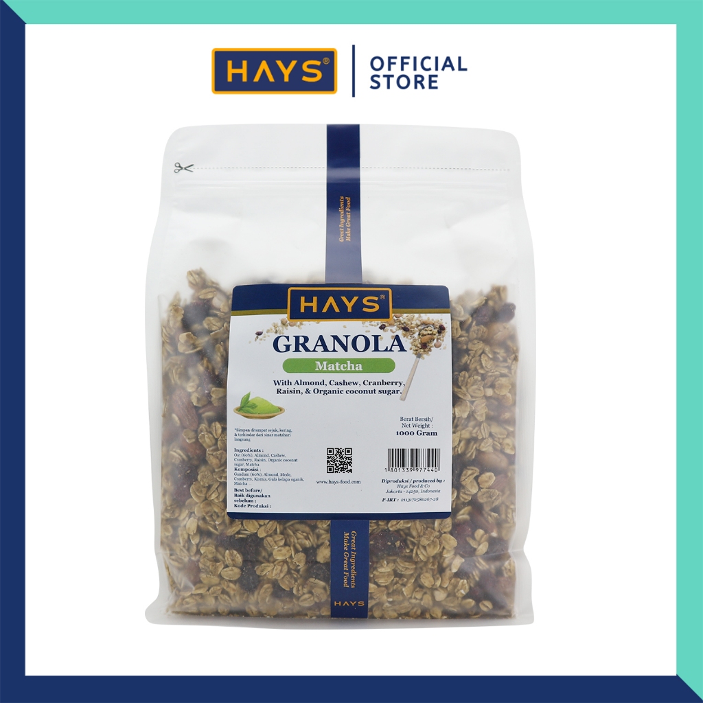 

HAYS Granola Matcha 1 KG / sereal oatmeal matcha dengan Almond Mete Cranberry Raisin Organic Coconut Sugar