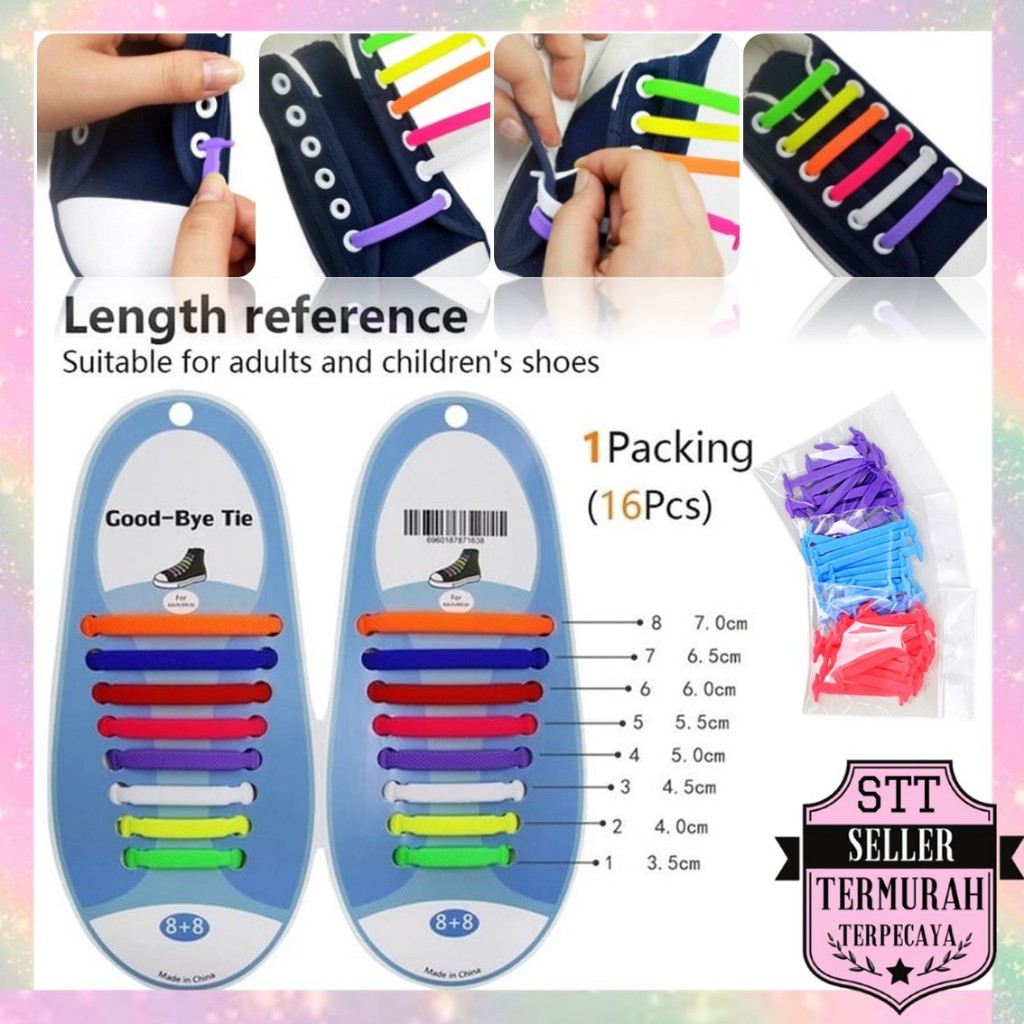 STT Tali Sepatu Karet Silikon Elastis Silicone 16 Pcs Premium Quality Murah 1 Set Tali Sepatu Un*sex