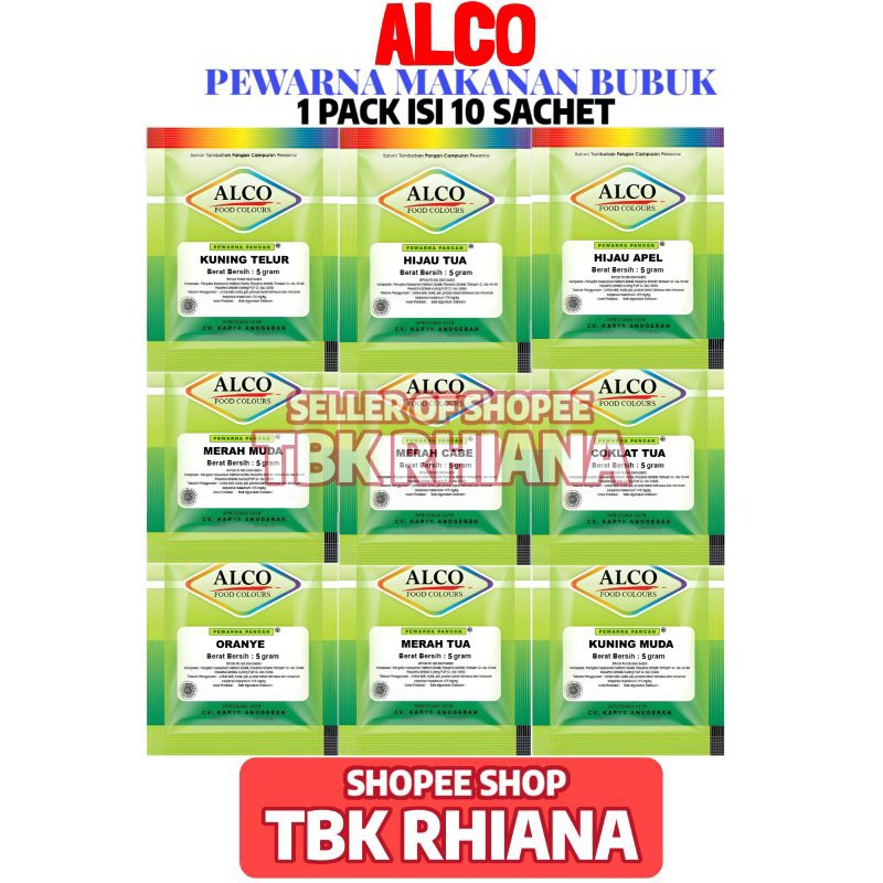 

Pewarna Makanan Minuman Kue Bubuk Alco 5 Gram 10 Sachet 1 Pack