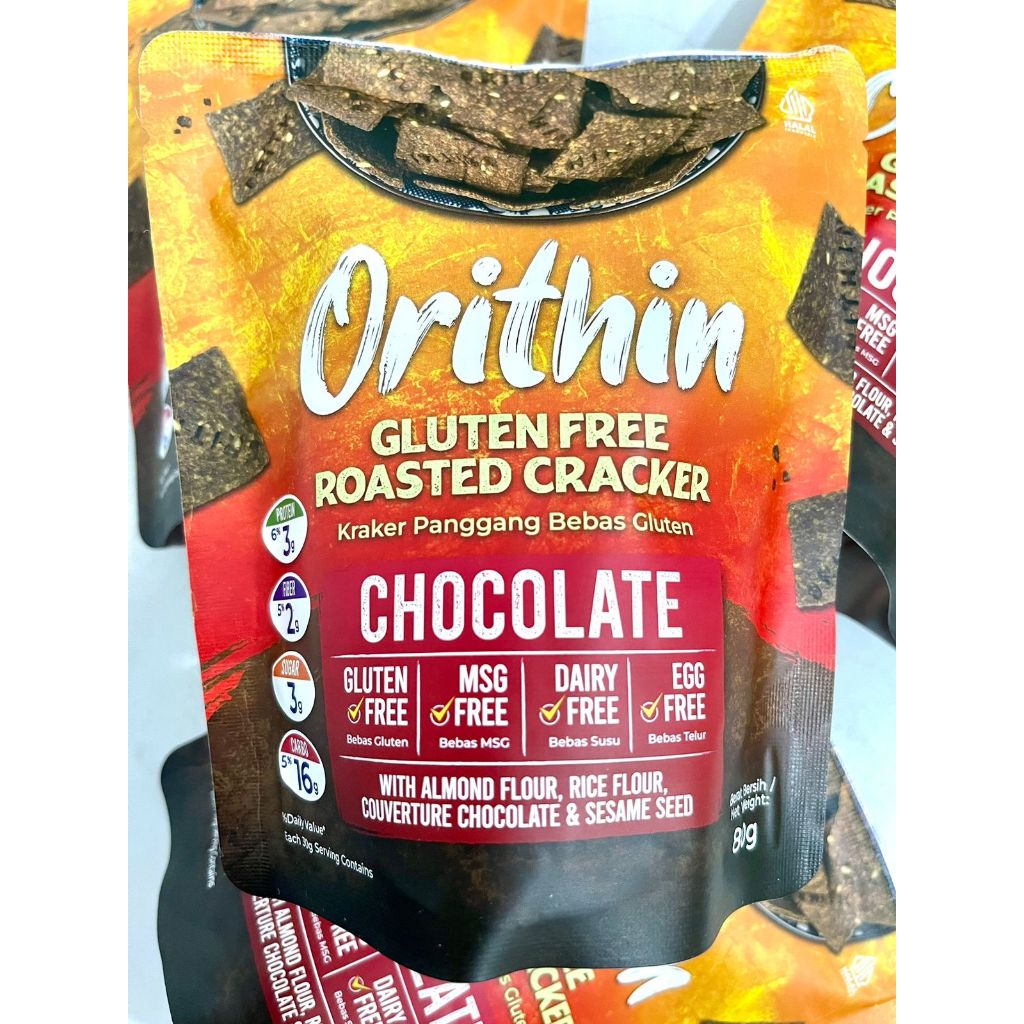 

ORIThin Snack Gluten Free rasa Premium Coklat 80Gr Cemilan Sehat Kaya Serat Tanpa Gluten Tanpa Susu Tanpa Telur