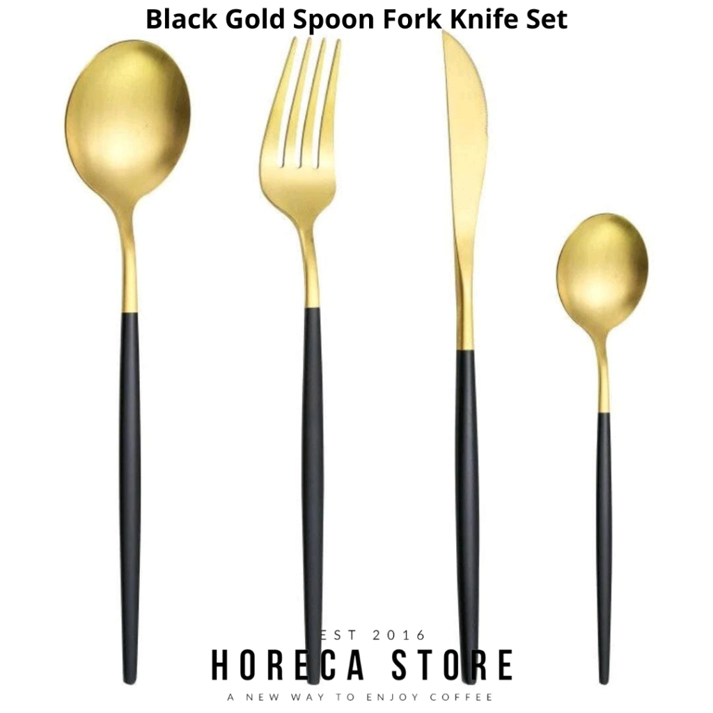 Black Gold Spoon Fork Knife Set / Sendok Garpu Pisau Makan Warna Emas Estetik Aesthetic Dining