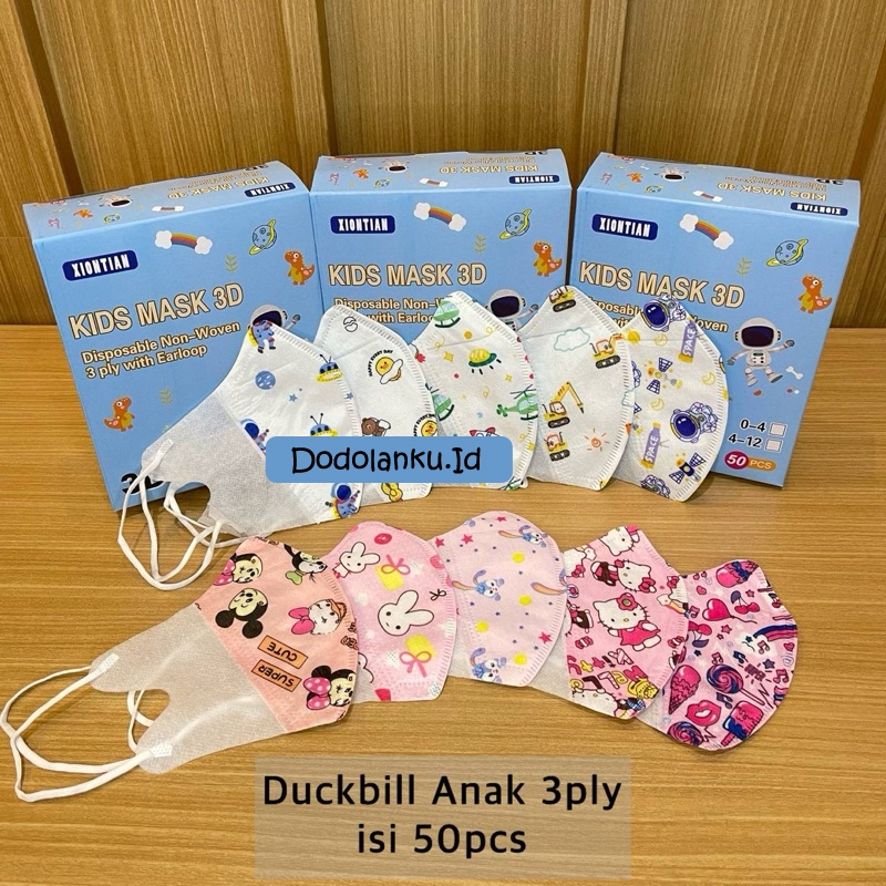 Masker Duckbill Anak Mix Motif 4-12 TAHUN 1 BOX ISI 50 pcs/Masker Duckbill anak polos Warna Hitam pu