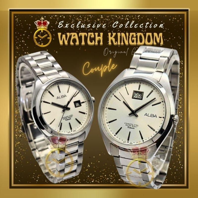 Jam Tangan Pria Wanita Couple Alba Original Kalender Tanggal Date Full Silver Tali Rantai Stainless 