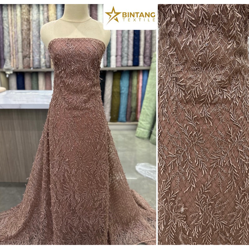 Bahan kain brokat tule tile 3D akar daun glamour mewah / Kain brukat premium