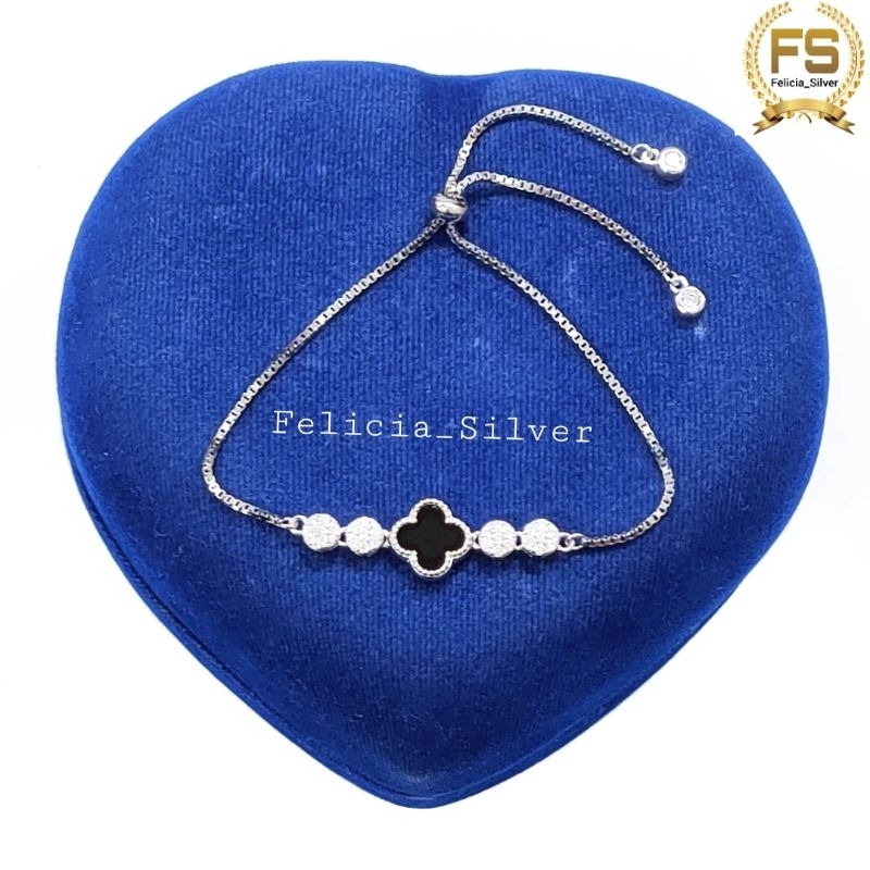 Gelang Serut Perak Asli Silver 925 Lapis Emas Putih Asli Rantai Itali - Gelang Serut Clover - Gelang