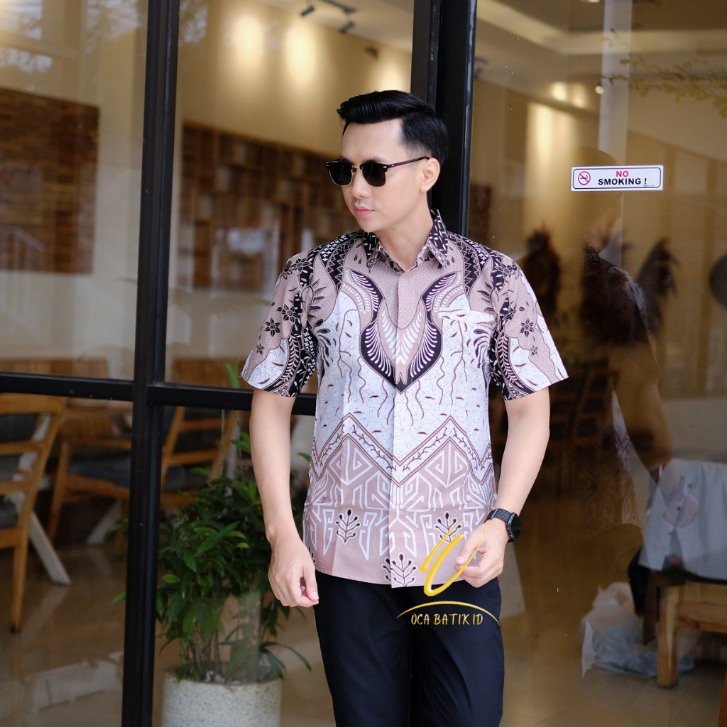 Kemeja Batik Pria Original Slimfit Lengan Pendek Motif Alimukti Baju Batik Lengan Pendek Warna Mocca