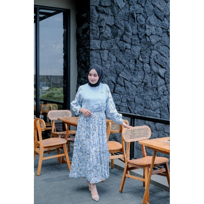 Midi Dress Silk Pliskit Premium Melia Dress Exclusive | Dress Wanita Premium Silk Plisket Mix Rajut 