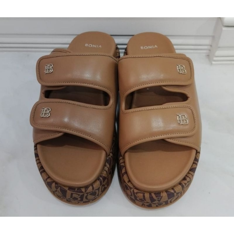 sandal wanita bonia original wedges monogram coklat