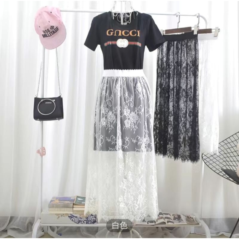 Rok Tutu Lace Motif Import/Rok Panjang Jala Renda Seksi Wanita/Rok Midi Hitam Putih Tulle Transparan
