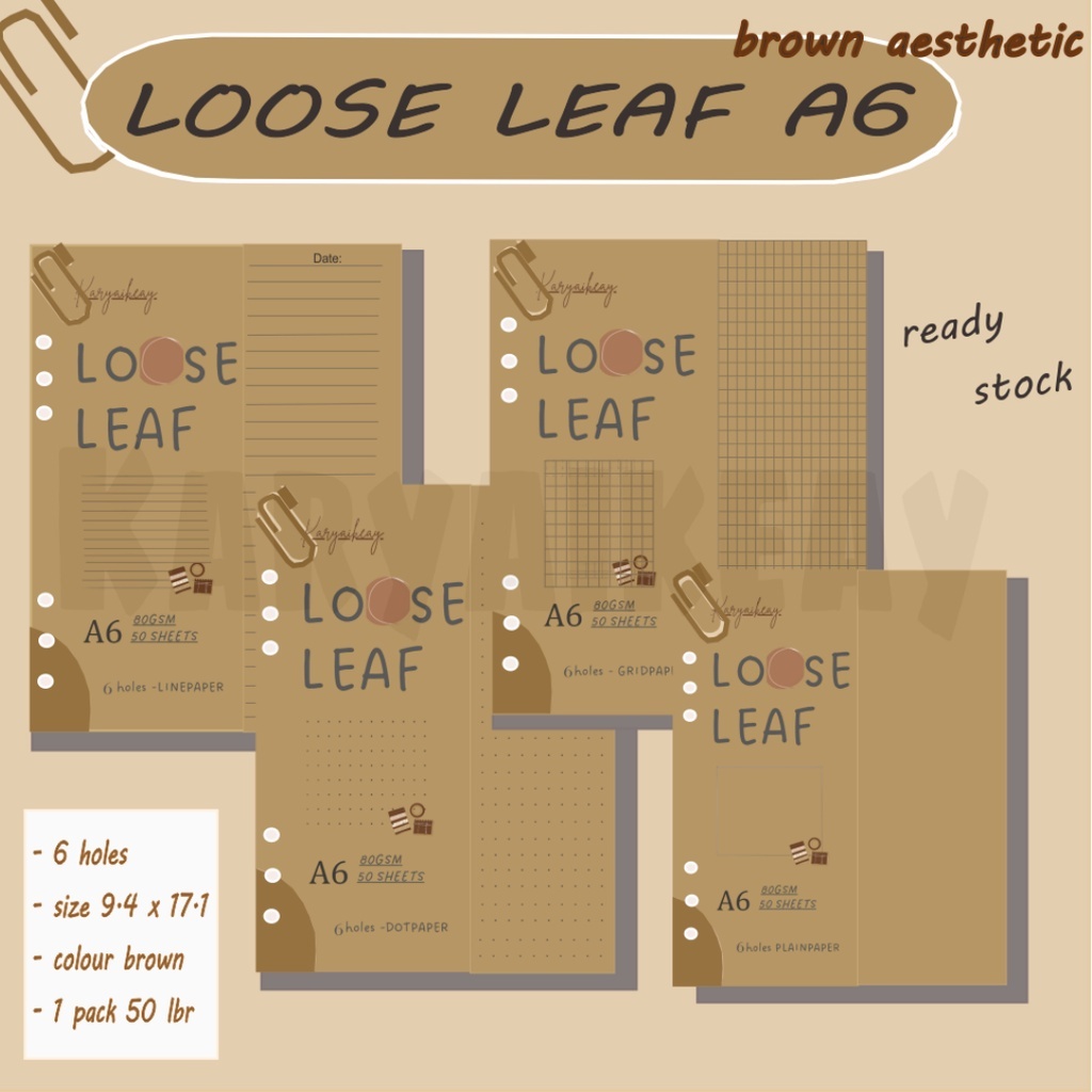 

50 Lembar Refill isi binder loose leaf 6 holes A6 BROWN AESTHETIC