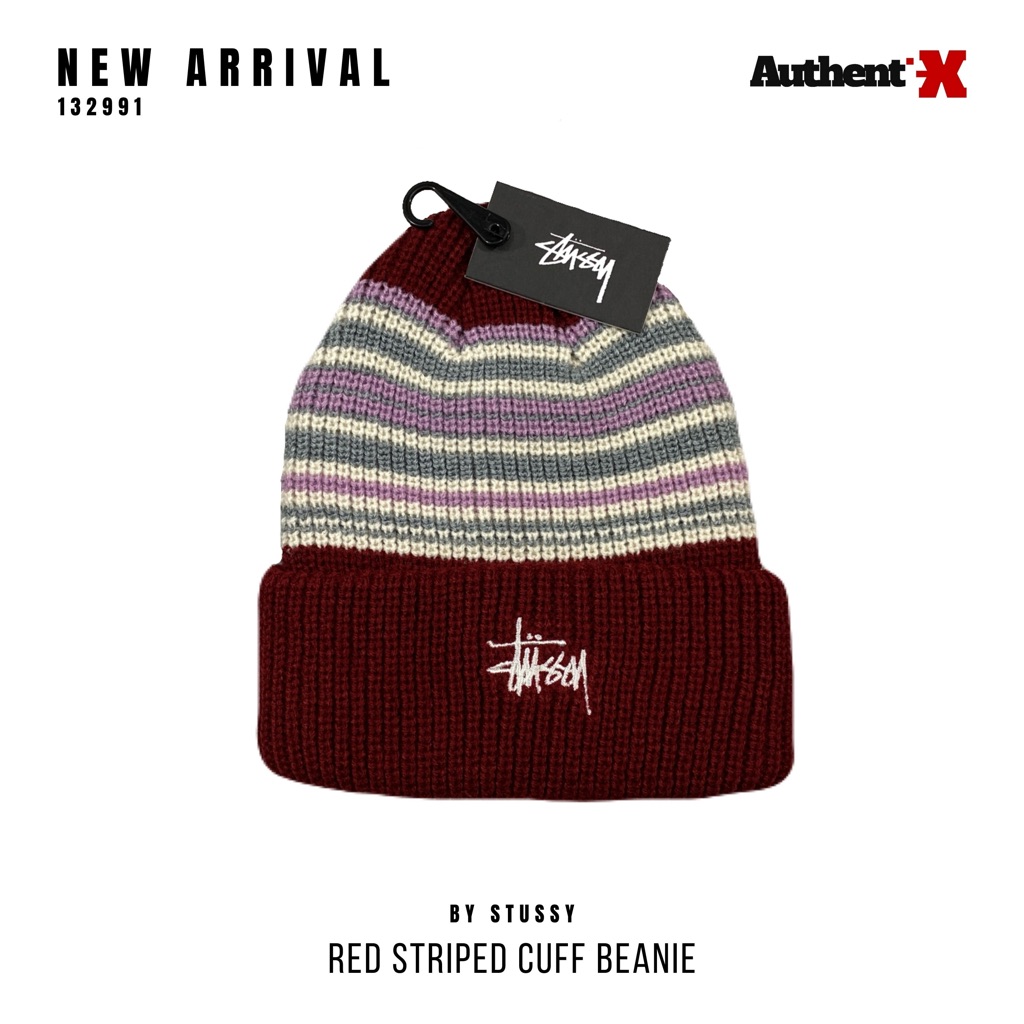 STUSSY STRIPED CUFF BEANIE HAT -  RED | ORIGINAL