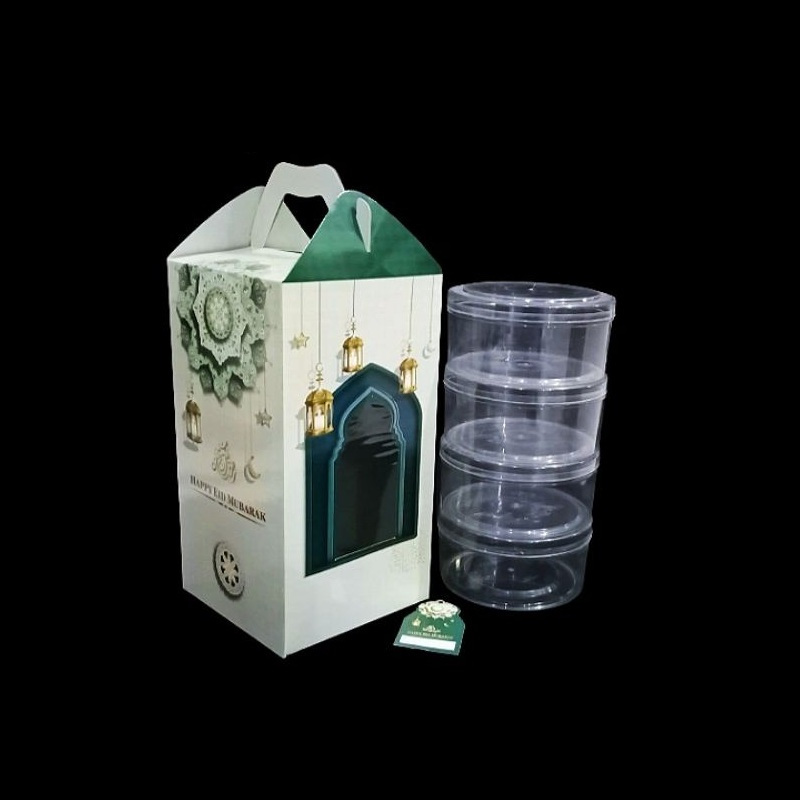 

(5 pcs) box tenteng 4 toples 500 gram dus kuker hampers lebaran kardus parcel iduk fitri 15x15x28 cm