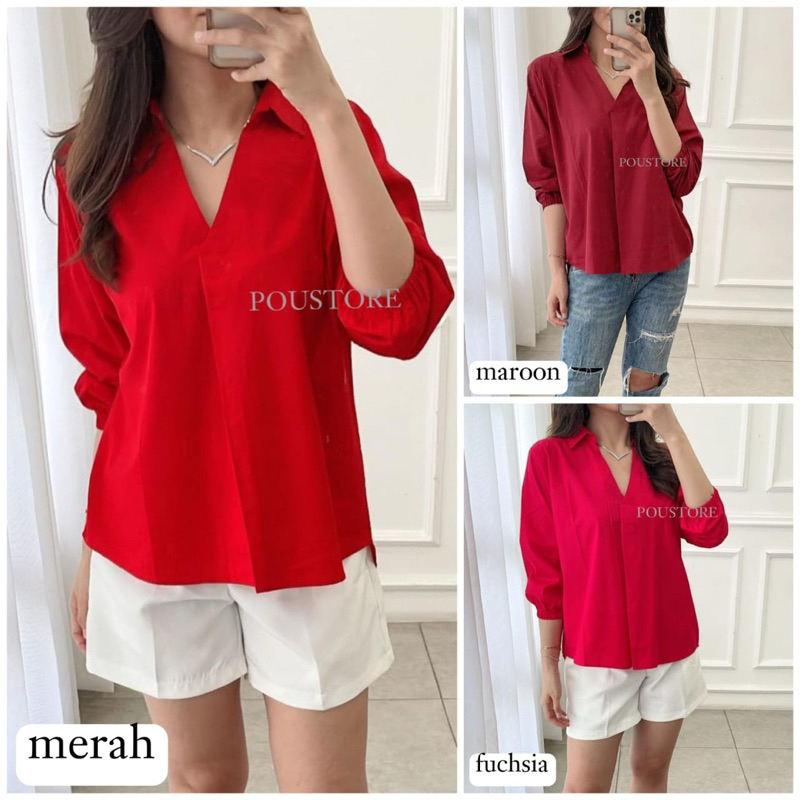 KEMEJA SPESIAL MERAH  WANITA VNECK / KEMEJA MERAH / KEMEJA MAROON / KEMEJA IMLEK / KEMEJA CHONGSAM
