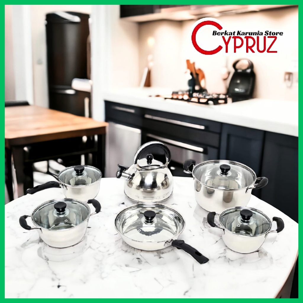 cypruz panci set 12 pcs stainless PI-0446 panci sauce pan teko fry pan plus tutup kaca