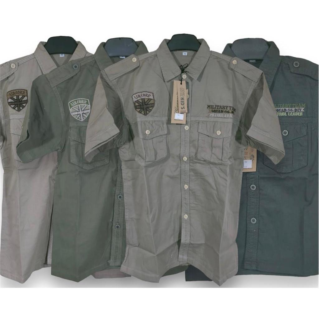 Baju kemeja lengan pendek dan panjang anak laki laki bahan katun premium polos dengan motif army TNI
