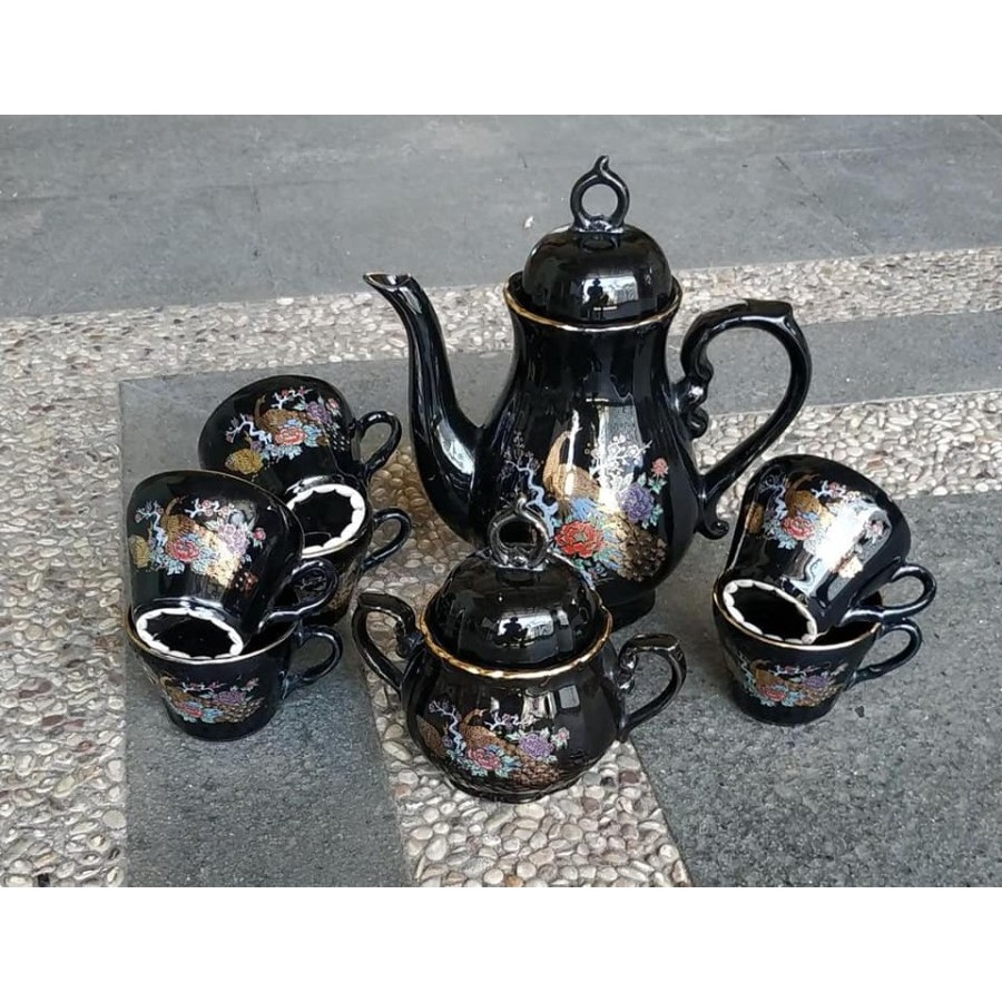 tea set keramik jepang motif merak hitam nos